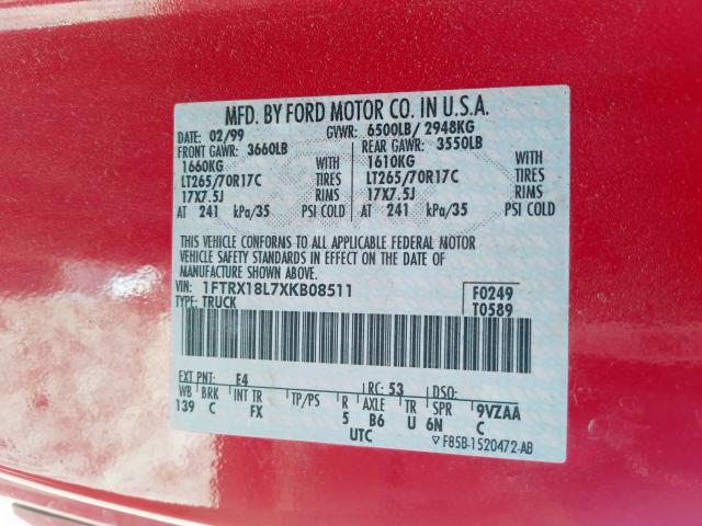 Photo 10 from auction – 1999 FORD F150 with VIN 1FTRX18L7XKB08511