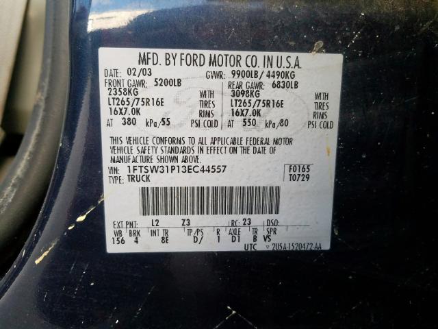 Photo 10 from auction – 2003 FORD F350 SRW S with VIN 1FTSW31P13EC44557