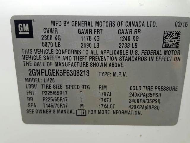 Photo 10 from auction – 2015 CHEVROLET EQUINOX LT with VIN 2GNFLGEK5F6308213