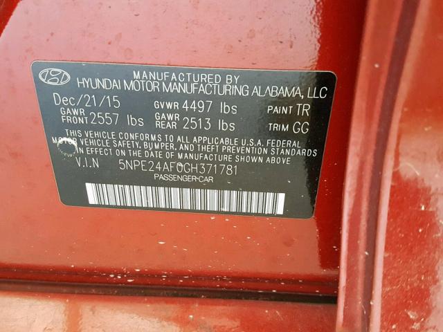 Photo 10 from auction – 2016 HYUNDAI SONATA SE with VIN 5NPE24AF0GH371781