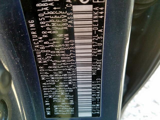 TOYOTA COROLLA L 2014 with VIN 5YFBURHE7EP177840 - Photo from auction