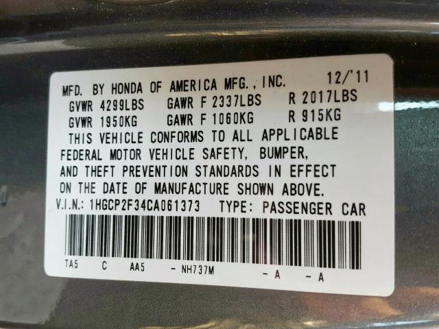 Photo 10 from auction – 2012 HONDA ACCORD LX with VIN 1HGCP2F34CA061373