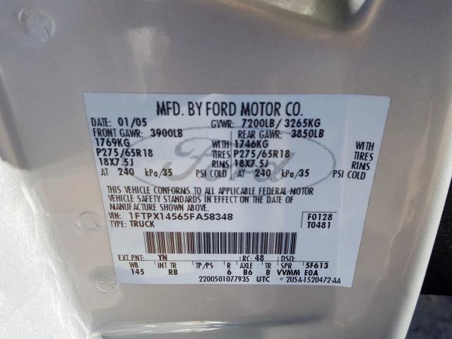 Photo 10 from auction – 2005 FORD F150 with VIN 1FTPX14565FA58348