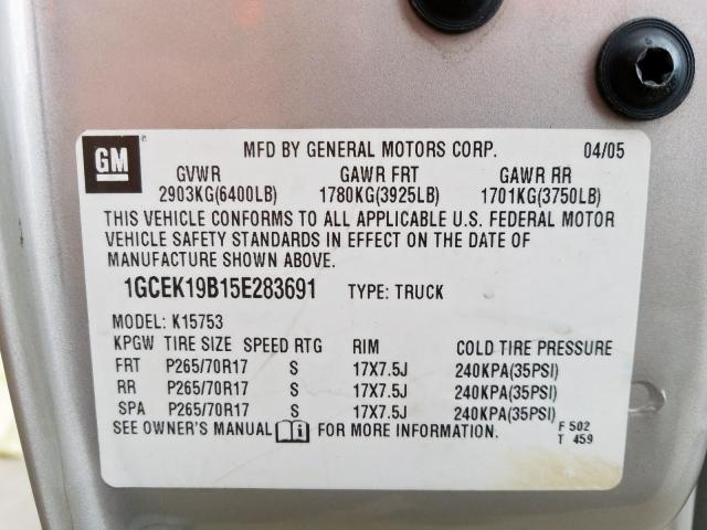 Photo 10 from auction – 2005 CHEVROLET SILVERADO with VIN 1GCEK19B15E283691