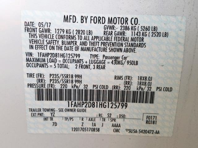 Photo 10 from auction – 2017 FORD TAURUS with VIN 1FAHP2D81HG125799