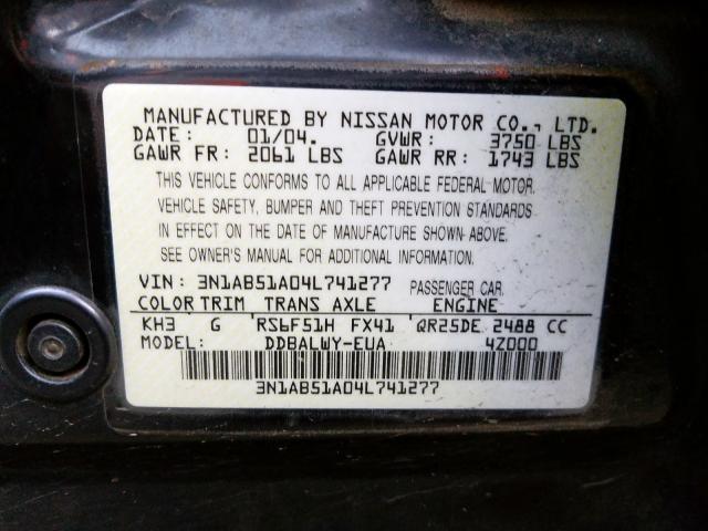 Photo 10 from auction – 2004 NISSAN SENTRA 2.5 with VIN 3N1AB51A04L741277