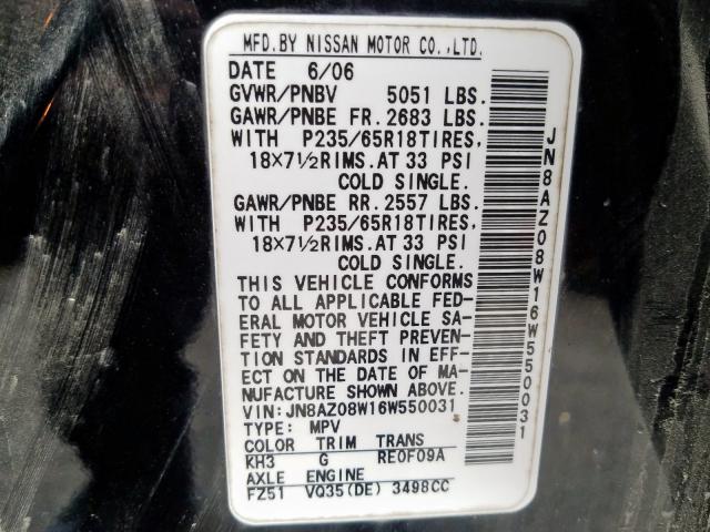 Photo 10 from auction – 2006 NISSAN MURANO SL with VIN JN8AZ08W16W550031