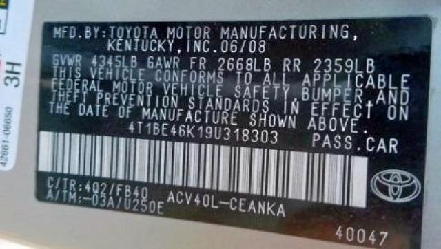 Photo 10 from auction – 2009 TOYOTA CAMRY BASE with VIN 4T1BE46K19U318303