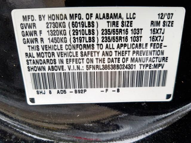 Photo 10 from auction – 2008 HONDA ODYSSEY EX with VIN 5FNRL38638B024301