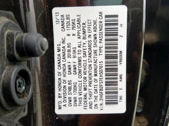Photo 10 from auction – 2014 HONDA CIVIC LX with VIN 2HGFB2F57EH507615