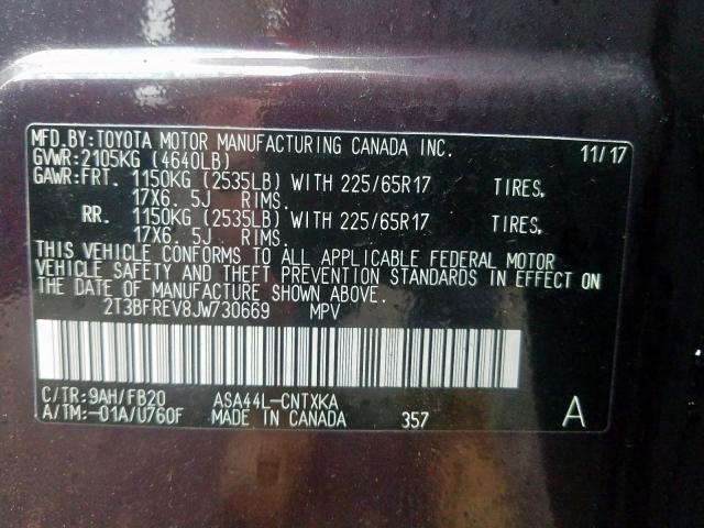 Photo 10 from auction – 2018 TOYOTA RAV4 LE with VIN 2T3BFREV8JW730669