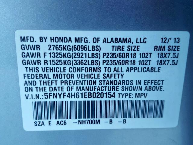 Photo 10 from auction – 2014 HONDA PILOT EXL with VIN 5FNYF4H61EB020154