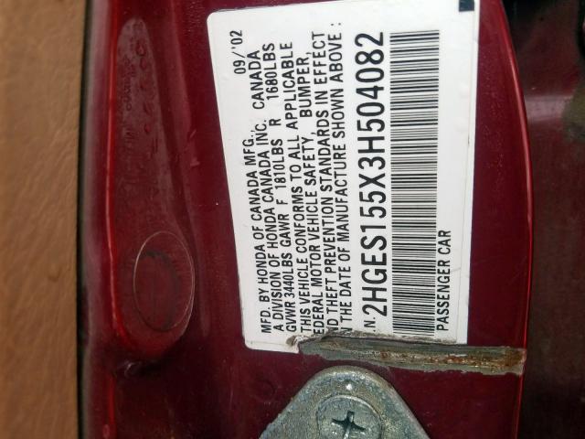 Photo 10 from auction – 2003 HONDA CIVIC LX with VIN 2HGES155X3H504082