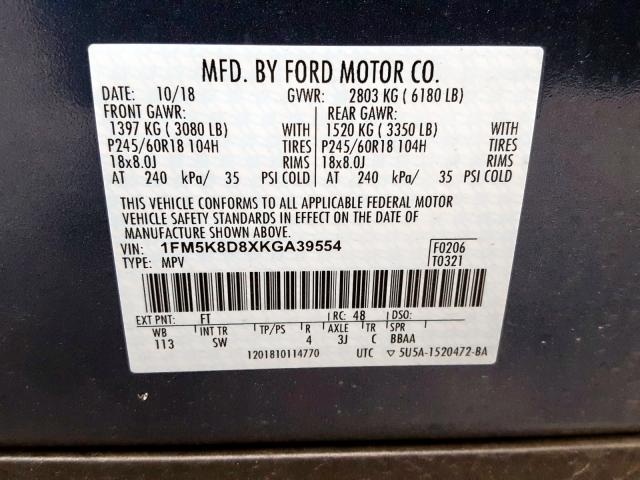 Zdjęcie 10 z aukcji – 2019 FORD EXPLORER X z VIN 1FM5K8D8XKGA39554