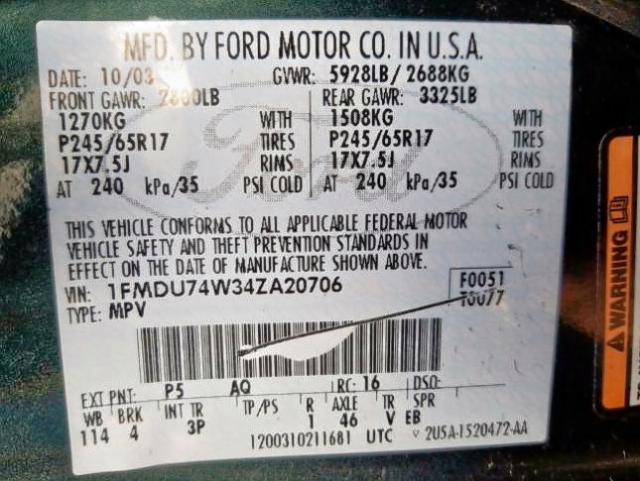 Photo 10 from auction – 2004 FORD EXPLORER E with VIN 1FMDU74W34ZA20706