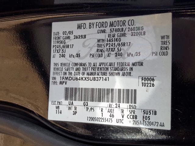 Photo 10 from auction – 2005 FORD EXPLORER E with VIN 1FMDU64KX5UB37141