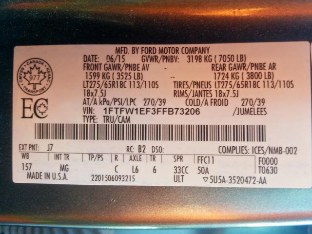 Photo 10 from auction – 2015 FORD F150 SUPER with VIN 1FTFW1EF3FFB73206