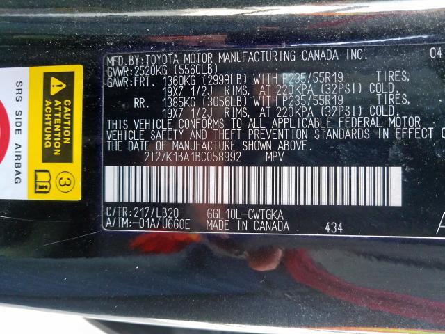Photo 10 from auction – 2011 LEXUS RX 350 with VIN 2T2ZK1BA1BC058992