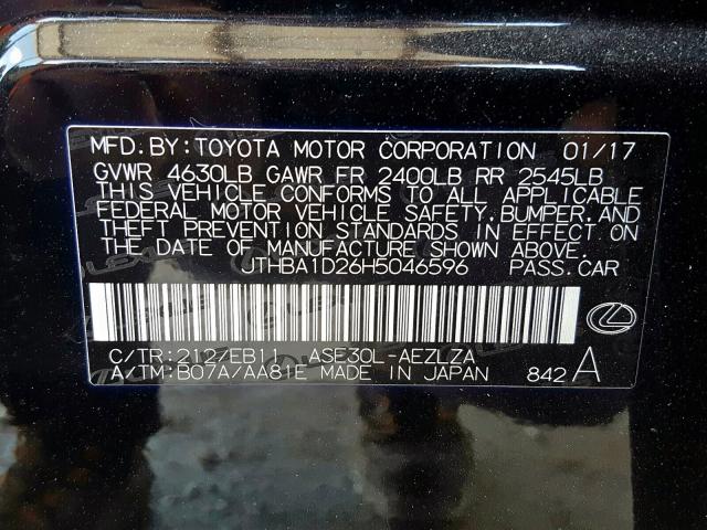 Photo 10 from auction – 2017 LEXUS IS 200T with VIN JTHBA1D26H5046596