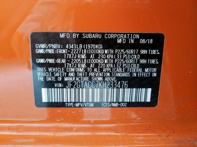Photo 10 from auction – 2019 SUBARU CROSSTREK with VIN JF2GTACC7KH233476