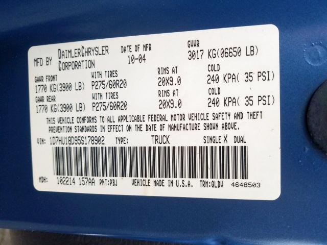 Photo 10 from auction – 2005 DODGE RAM 1500 S with VIN 1D7HU18D95S178902