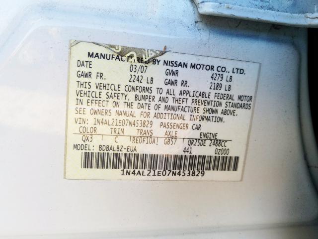 Photo 10 from auction – 2007 NISSAN ALTIMA 2.5 with VIN 1N4AL21E07N453829