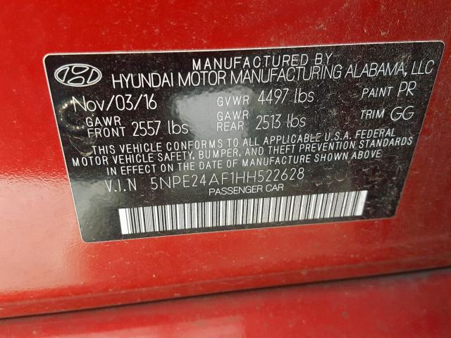 Photo 10 from auction – 2017 HYUNDAI SONATA SE with VIN 5NPE24AF1HH522628