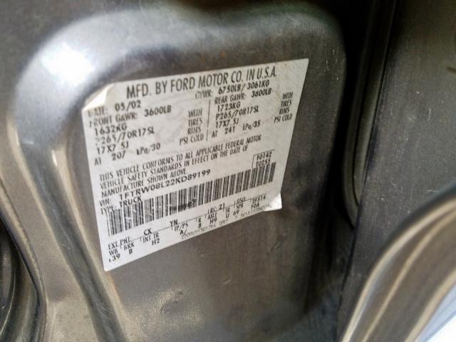 Photo 10 from auction – 2002 FORD F150 SUPER with VIN 1FTRW08L22KD89199