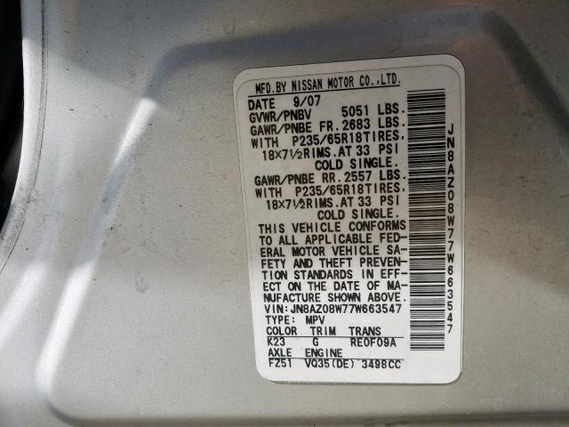 Photo 10 from auction – 2007 NISSAN MURANO SL with VIN JN8AZ08W77W663547