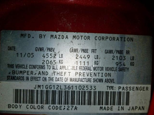 Photo 10 from auction – 2006 MAZDA SPEED 6 with VIN JM1GG12L361102533