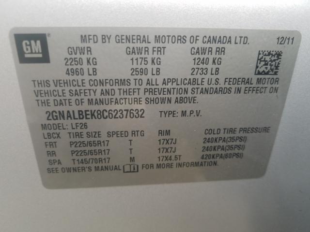 Photo 10 from auction – 2012 CHEVROLET EQUINOX LS with VIN 2GNALBEK8C6237632