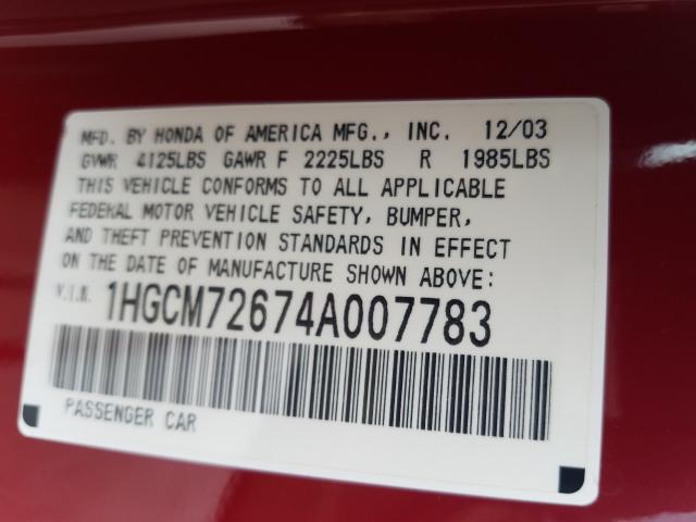 Photo 10 from auction – 2004 HONDA ACCORD EX with VIN 1HGCM72674A007783