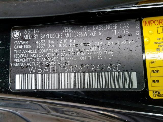 Photo 10 from auction – 2006 BMW 650 I with VIN WBAEH13476CR49620
