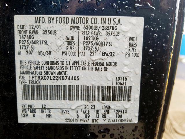 Photo 10 from auction – 2002 FORD F150 with VIN 1FTRX07L22KB74405