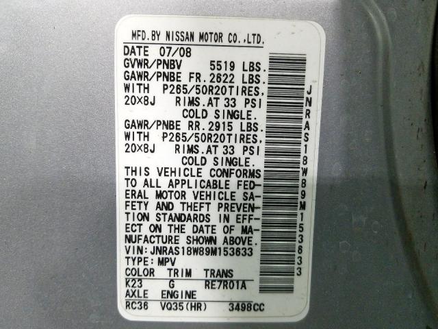 Photo 10 from auction – 2009 INFINITI FX35 with VIN JNRAS18W89M153633