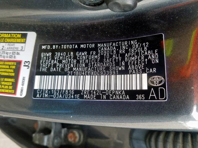 Photo 10 from auction – 2013 TOYOTA COROLLA BA with VIN 2T1BU4EEXDC933991