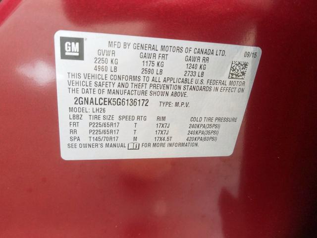 Photo 10 from auction – 2016 CHEVROLET EQUINOX LT with VIN 2GNALCEK5G6136172