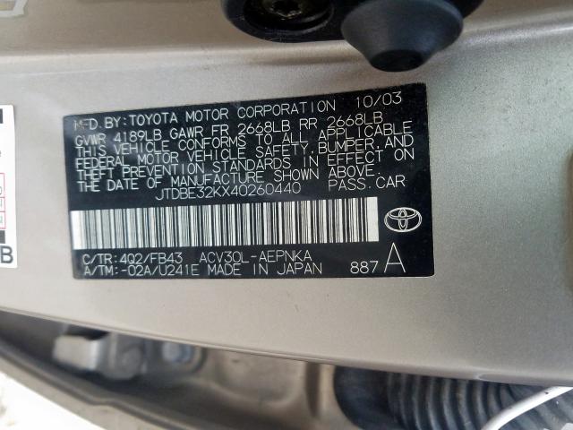 Photo 10 from auction – 2004 TOYOTA CAMRY LE with VIN JTDBE32KX40260440