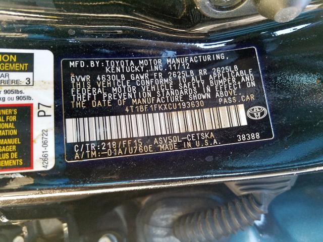 Photo 10 from auction – 2012 TOYOTA CAMRY BASE with VIN 4T1BF1FKXCU193630