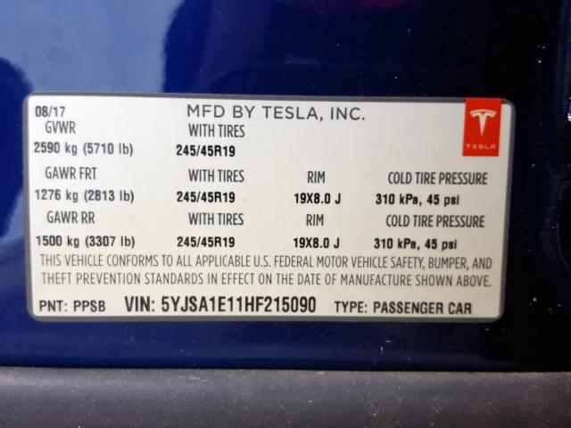Photo 10 from auction – 2017 TESLA MODEL S with VIN 5YJSA1E11HF215090