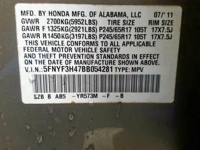 Photo 10 from auction – 2011 HONDA PILOT EX with VIN 5FNYF3H47BB054281