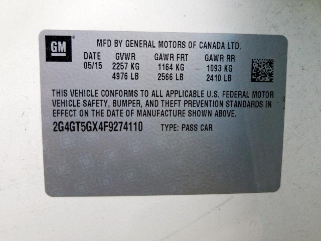 Photo 10 from auction – 2015 BUICK REGAL GS with VIN 2G4GT5GX4F9274110