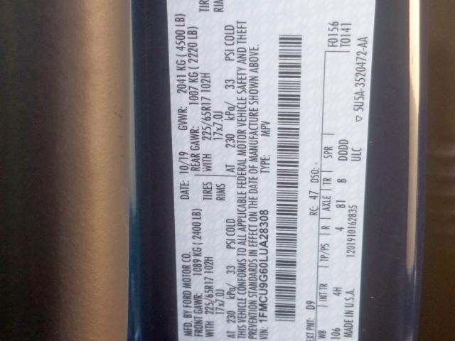 Photo 10 from auction – 2020 FORD ESCAPE SE with VIN 1FMCU9G60LUA28308