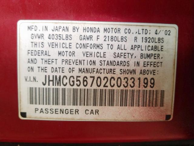 Photo 10 from auction – 2002 HONDA ACCORD SE with VIN JHMCG56702C033199