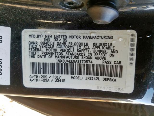 Photo 10 from auction – 2010 TOYOTA COROLLA BA with VIN 1NXBU4EEXAZ170574