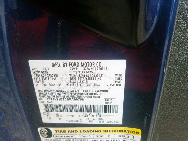 Photo 10 from auction – 2011 FORD F150 SUPER with VIN 1FTFW1ET0BFA99758
