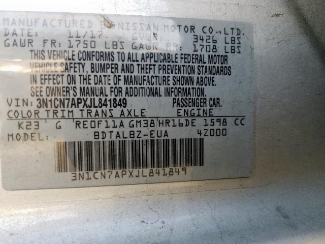 Photo 10 from auction – 2018 NISSAN VERSA S with VIN 3N1CN7APXJL841849