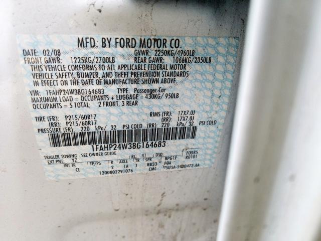Photo 10 from auction – 2008 FORD TAURUS SEL with VIN 1FAHP24W38G164683