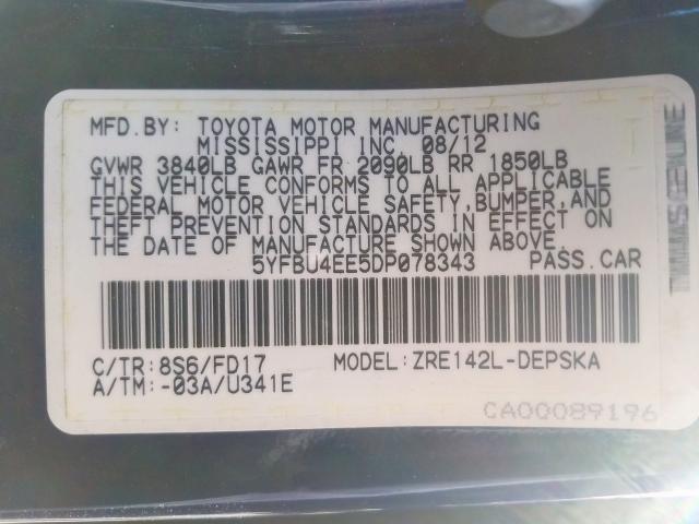 Photo 10 from auction – 2013 TOYOTA COROLLA BA with VIN 5YFBU4EE5DP078343