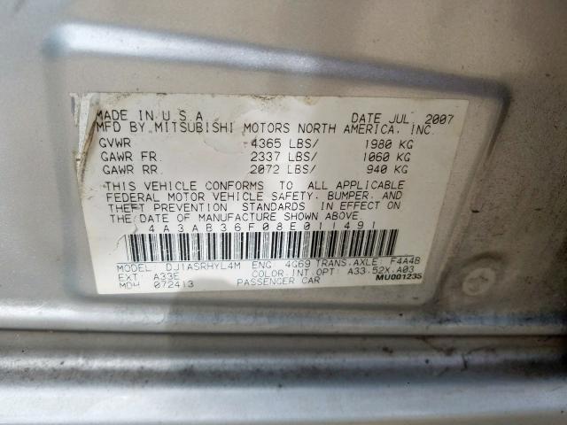 Photo 10 from auction – 2008 MITSUBISHI GALANT ES with VIN 4A3AB36F08E011491